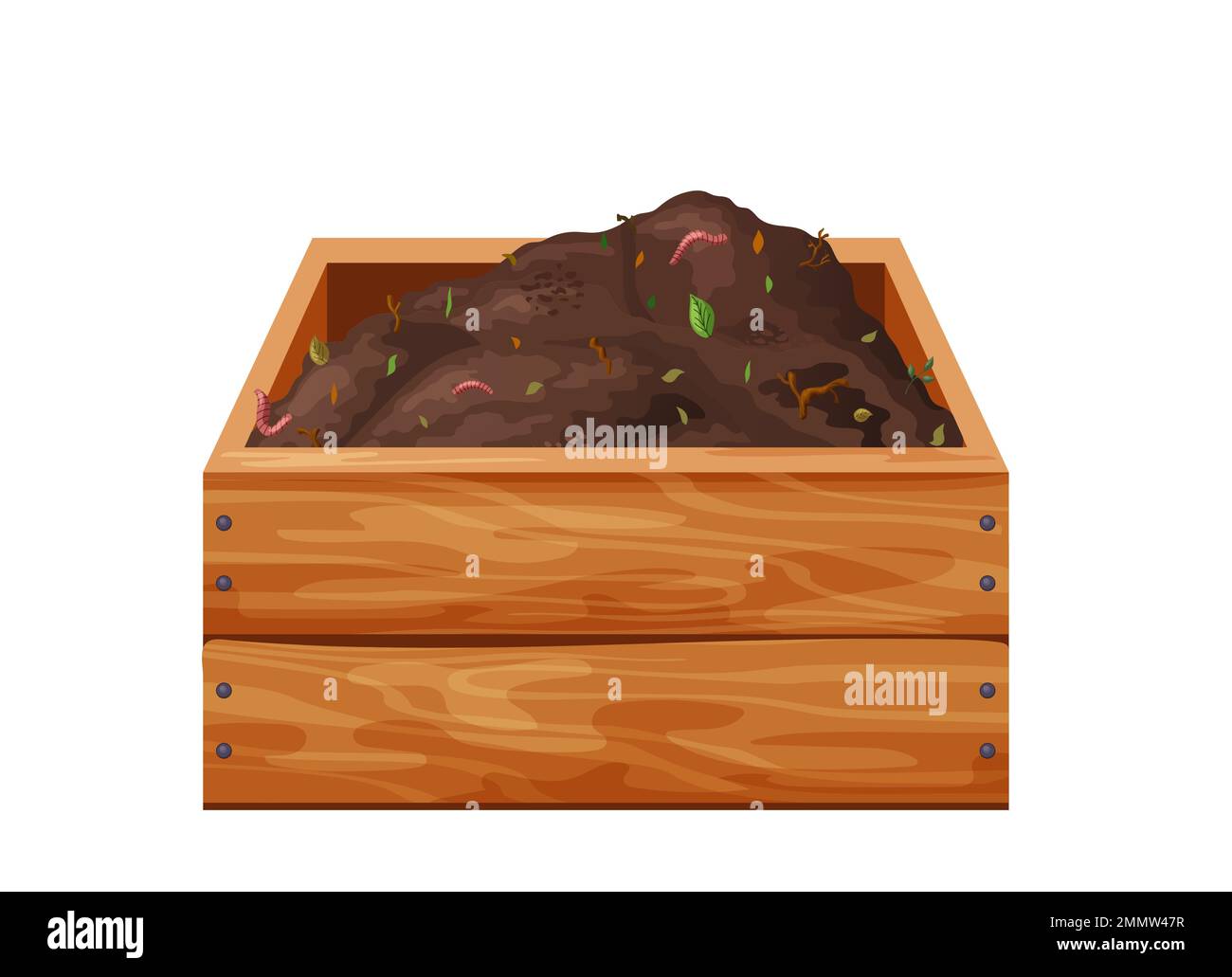 Organic soil heap for compost in wooden box, garden recycling natural