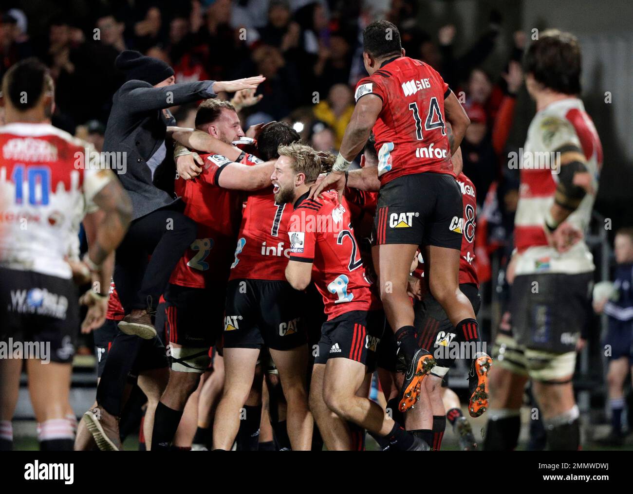 Crusaders players celebrate after defeating the Lions 38-17 to win the Super  Rugby final in Christchurch, New Zealand, Saturday, Aug. 4, 2018. (AP  Photo/Mark Baker Stock Photo - Alamy