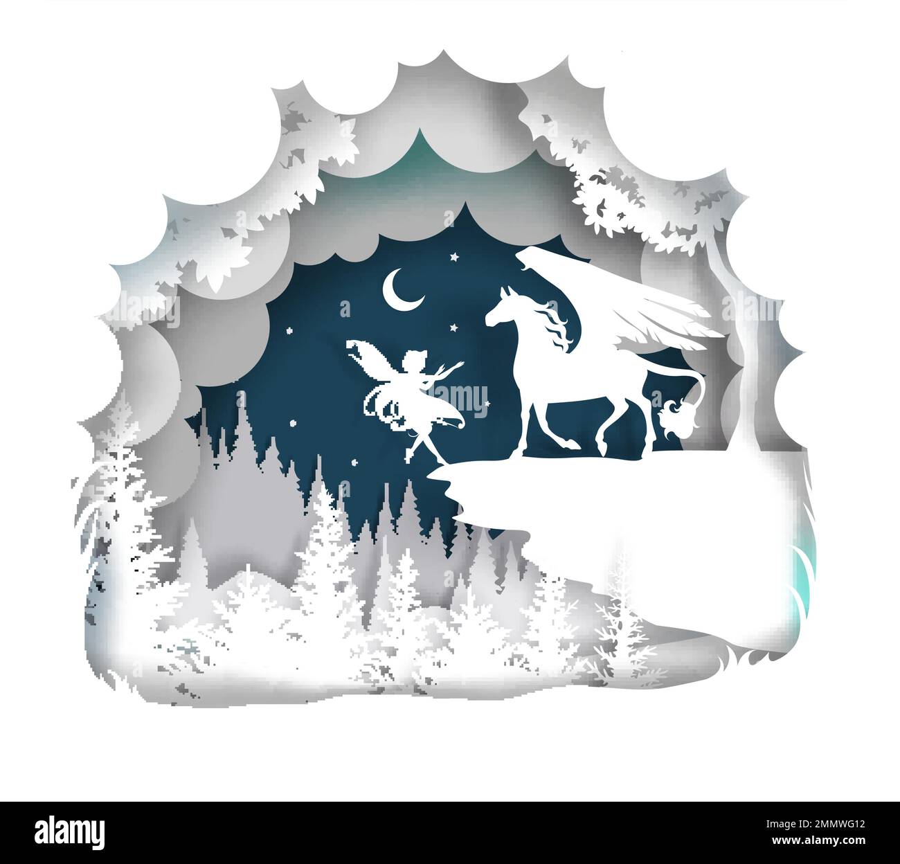 Fairytale Pegasus, vector illustration in paper art style Stock Vector