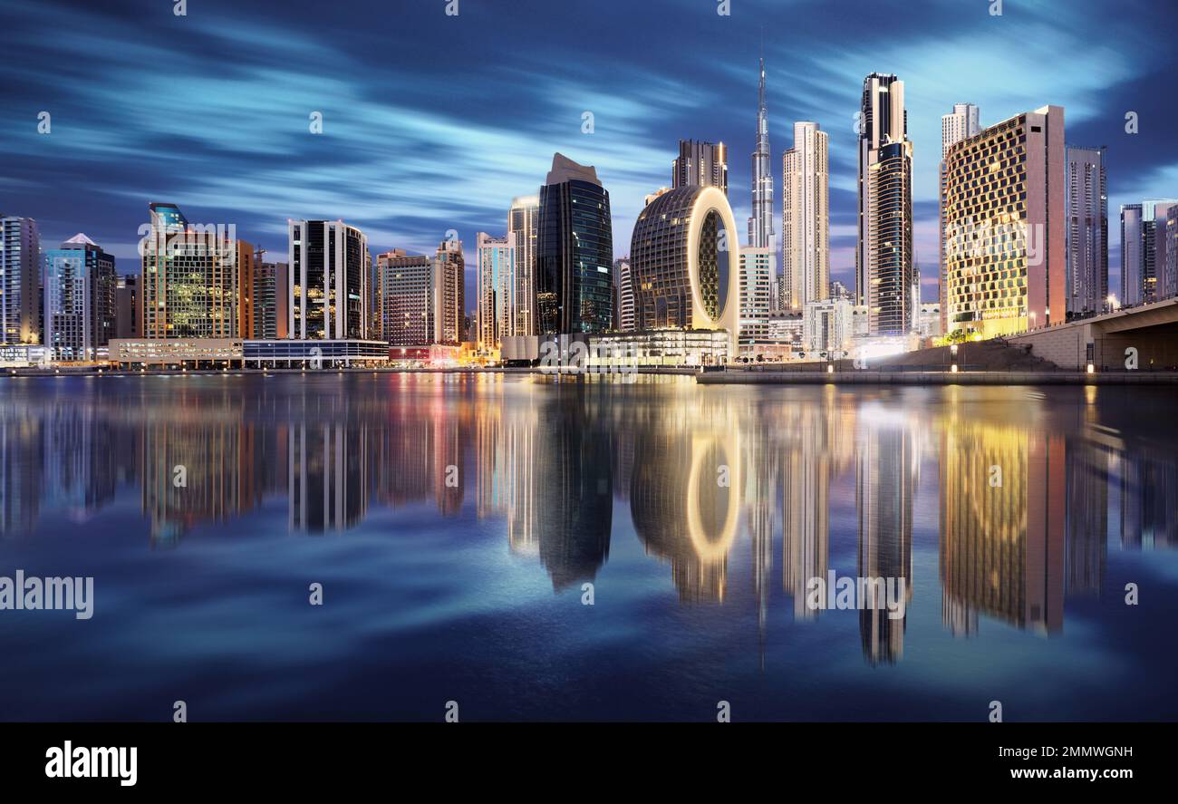 Dubai skyline at nigth, UAE Stock Photo