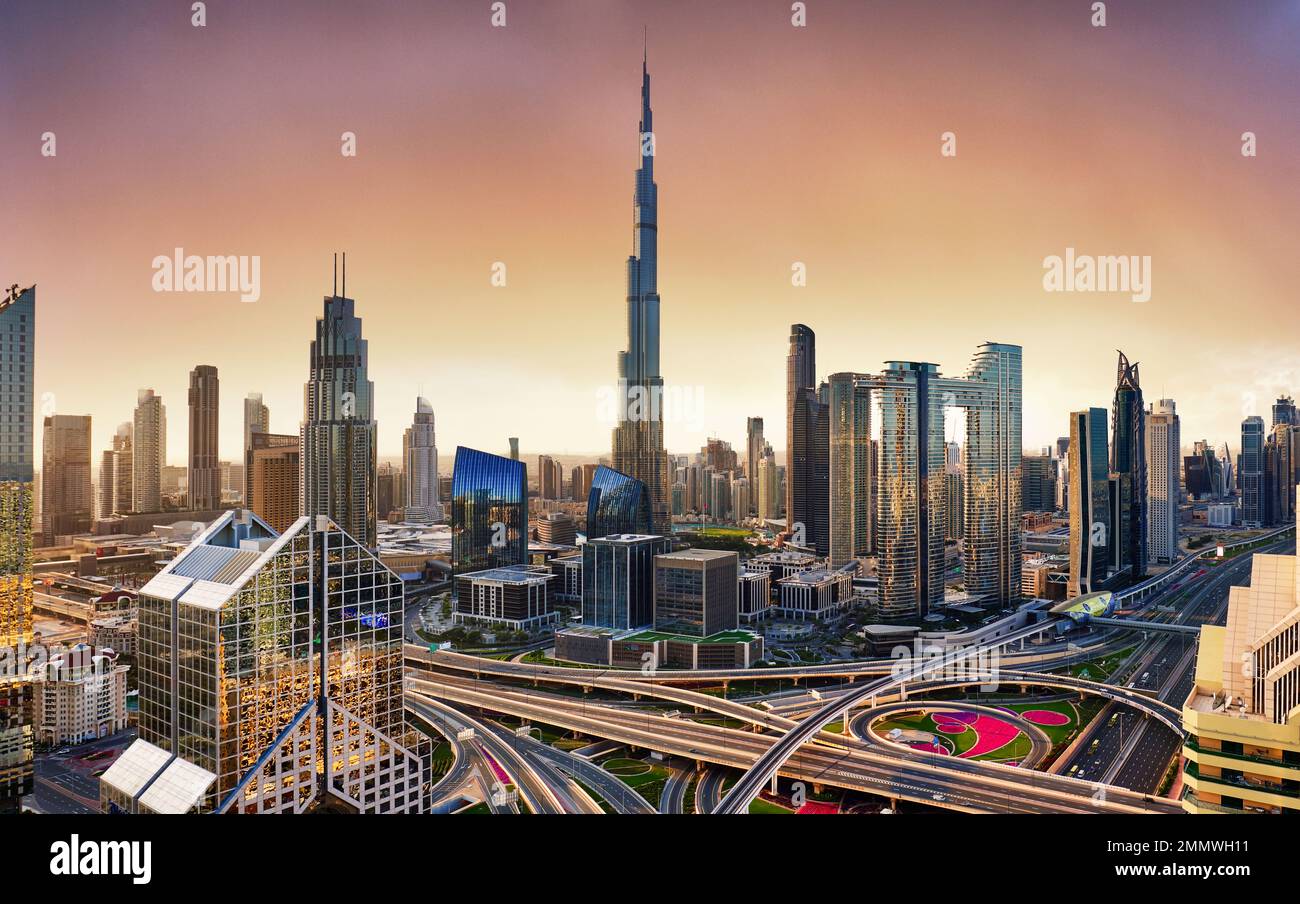 Dubai skyline at sunset with Burj Khalifa - aerial view, United Arab Emirates Stock Photo