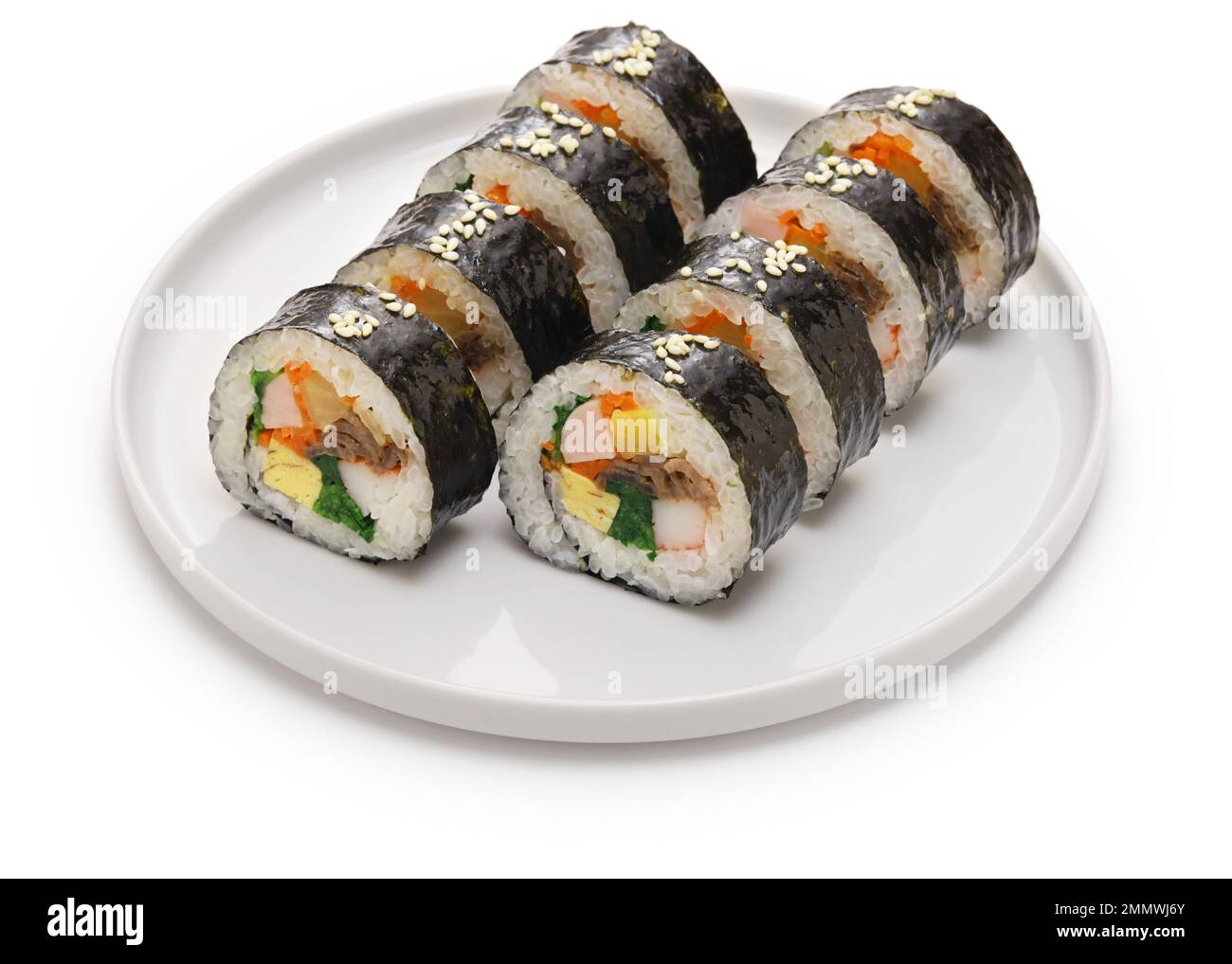 Gimbap is a Korean food consisting of rice and several ingredients seasoned with sesame oil and wrapped in nori seaweed. Stock Photo