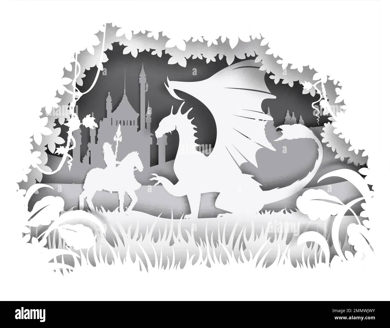 Knight fighting dragon, vector illustration in paper art style Stock ...