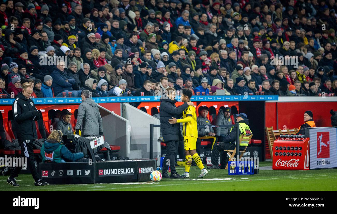 Leverkusen, Germany. 29th Jan, 2023.  Trainer Edin Terzic (BVB), Karim Adeyemi (BVB) Bayer Leverkusen - Borussia Dortmund Bundesliga 29.01.2023  Copyr Stock Photo