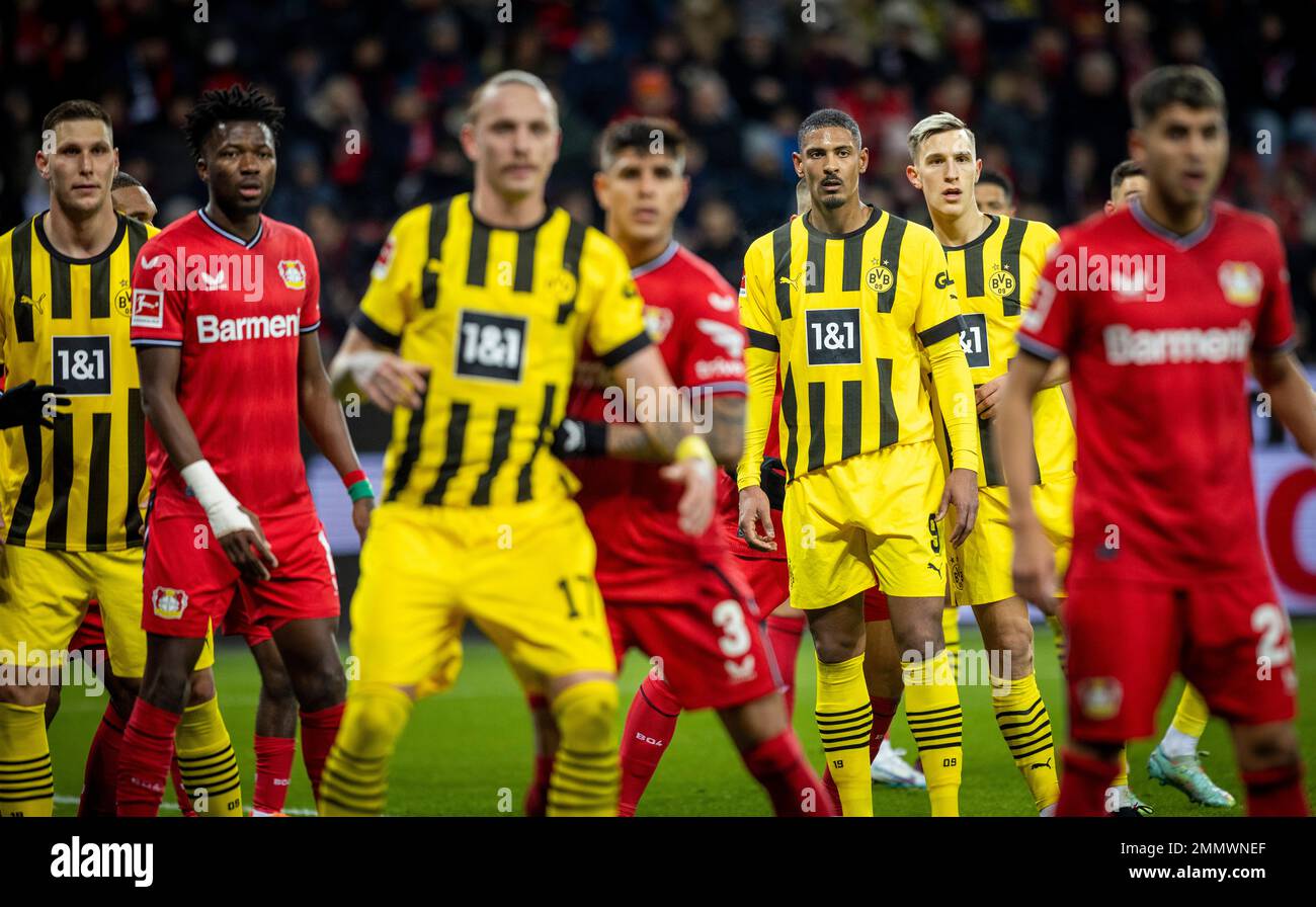 Leverkusen, Germany. 29th Jan, 2023.  Sebastien Haller (BVB), Nico Schlotterbeck (BVB) Bayer Leverkusen - Borussia Dortmund Bundesliga 29.01.2023  Cop Stock Photo