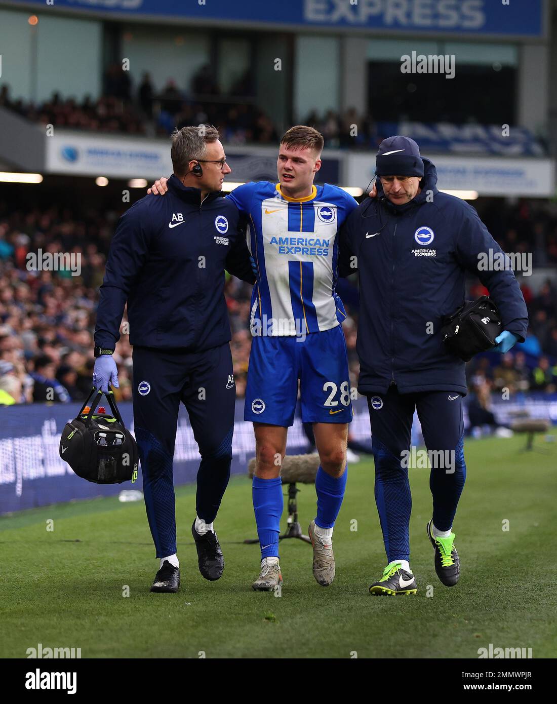 Brighton and Hove, England, 29th January 2023. Evan Ferguson of Brighton goes off injured during the The FA Cup match at the AMEX Stadium, Brighton and Hove. Picture credit should read: David Klein / Sportimage Stock Photo