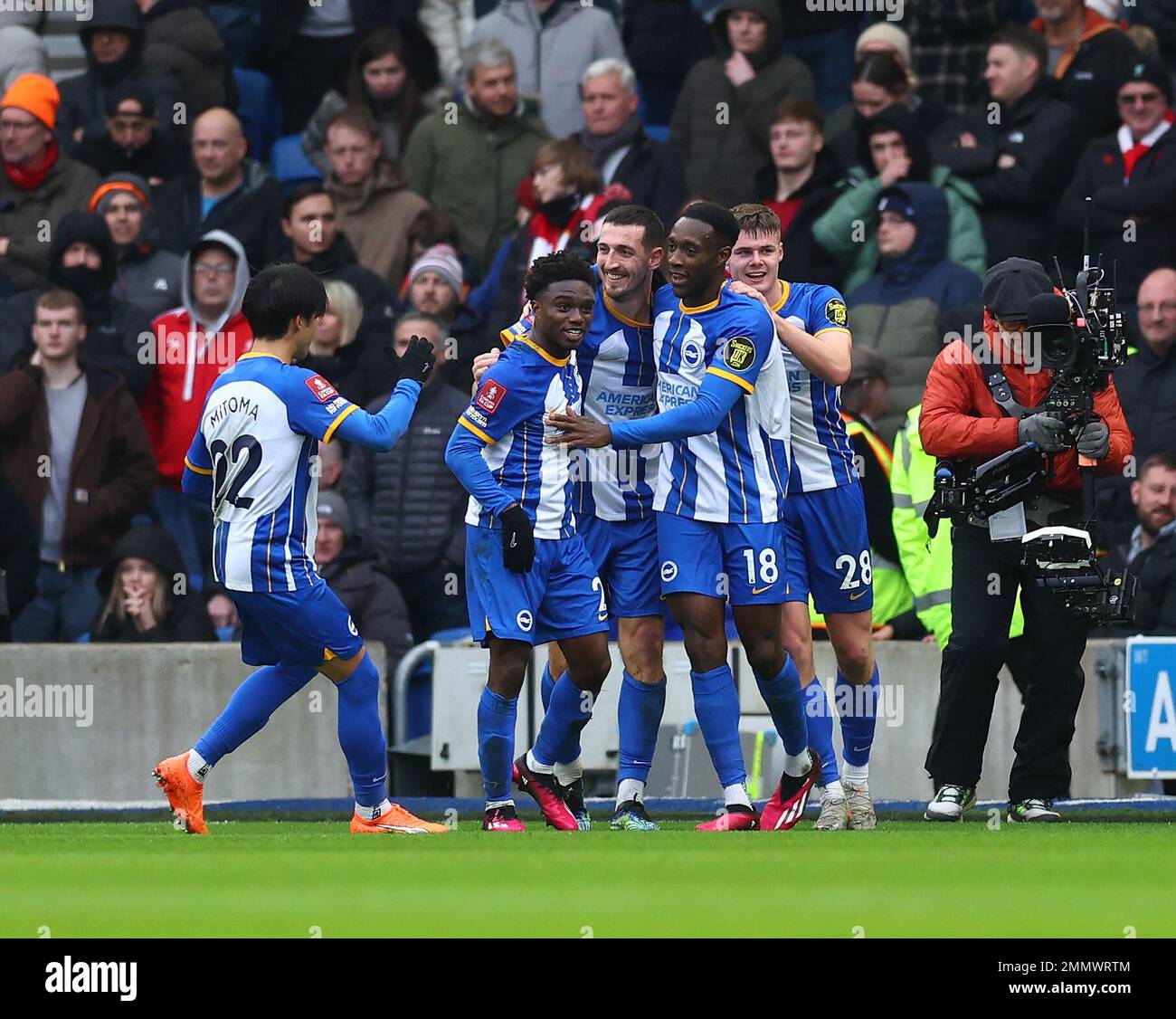 Brighton and Hove, England, 29th January 2023. Lewis Dunk of Brighton celebrates scoring during the The FA Cup match at the AMEX Stadium, Brighton and Hove. Picture credit should read: David Klein / Sportimage Stock Photo