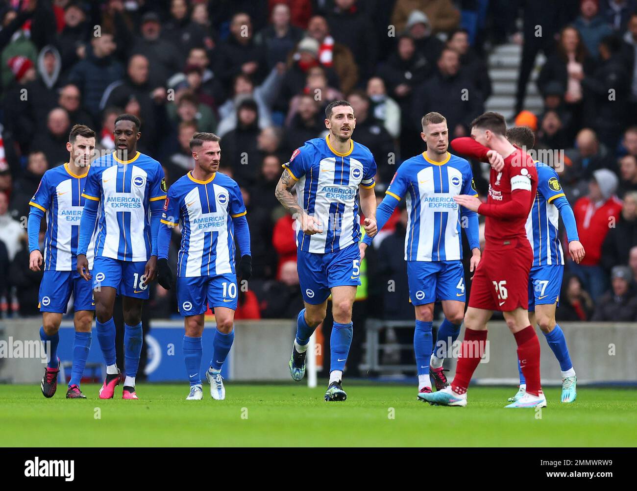Brighton and Hove, England, 29th January 2023. Lewis Dunk of Brighton celebrates scoring during the The FA Cup match at the AMEX Stadium, Brighton and Hove. Picture credit should read: David Klein / Sportimage Stock Photo