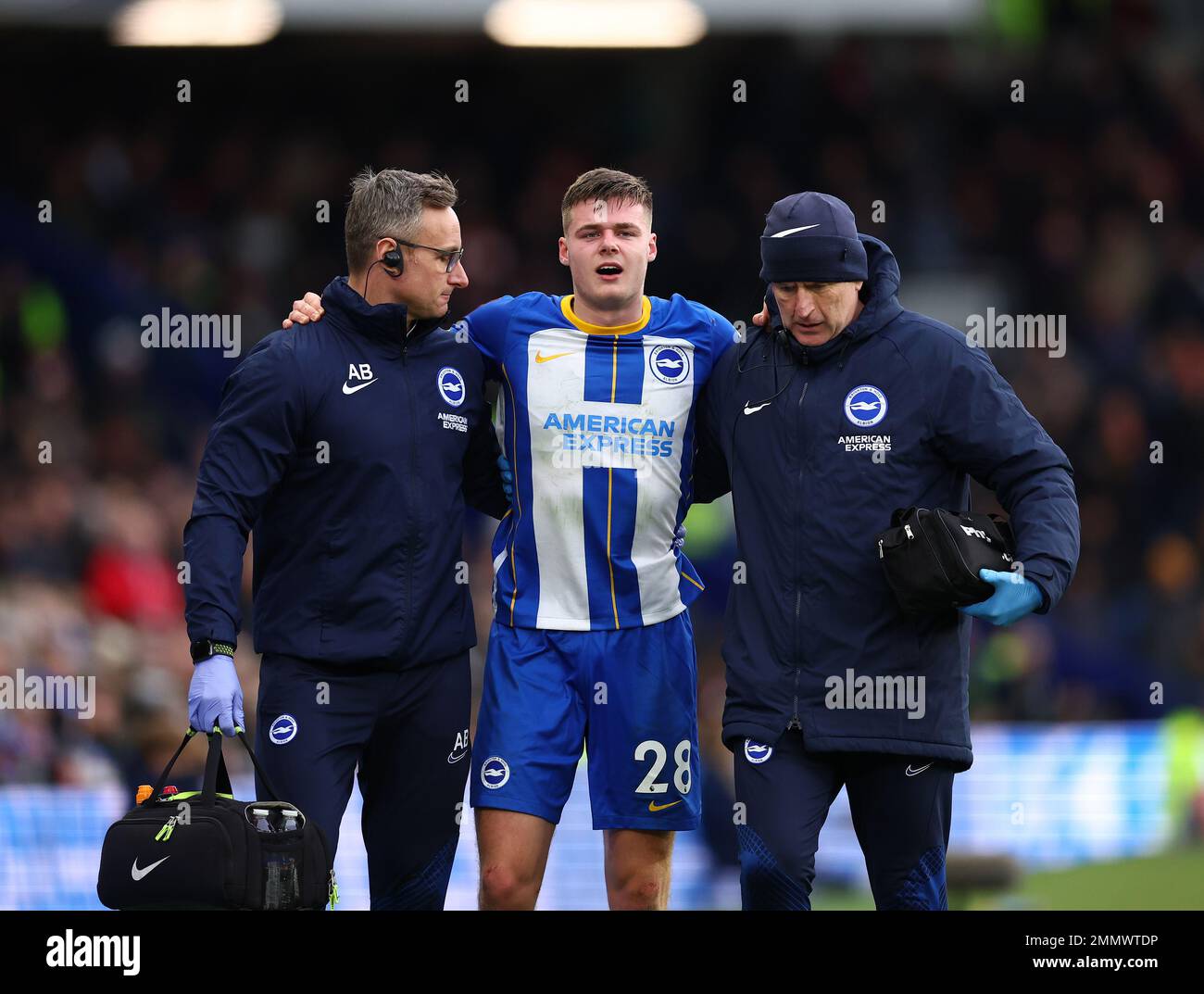 Brighton and Hove, England, 29th January 2023. Evan Ferguson of Brighton gets injured by Fabinho of Liverpool during the The FA Cup match at the AMEX Stadium, Brighton and Hove. Picture credit should read: David Klein / Sportimage Stock Photo