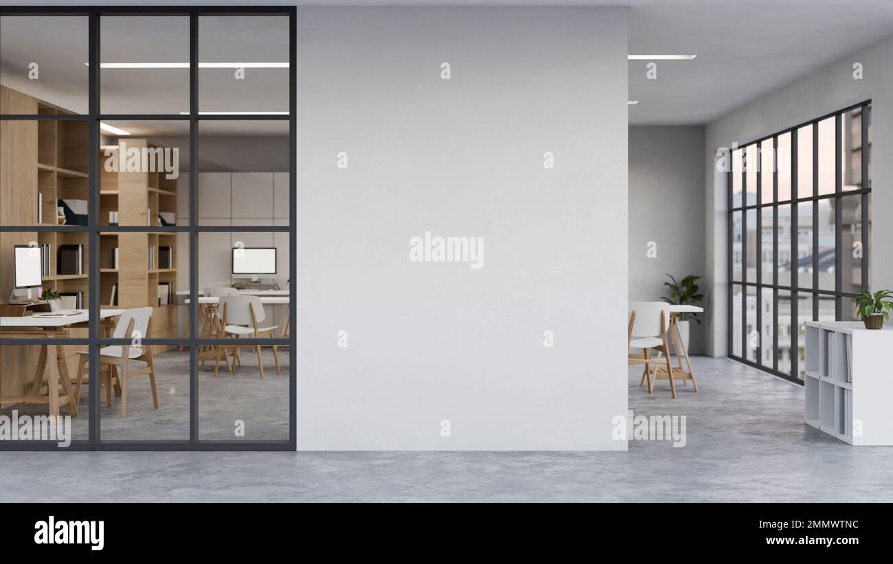 Modern urban office indoor building interior design with co-working ...
