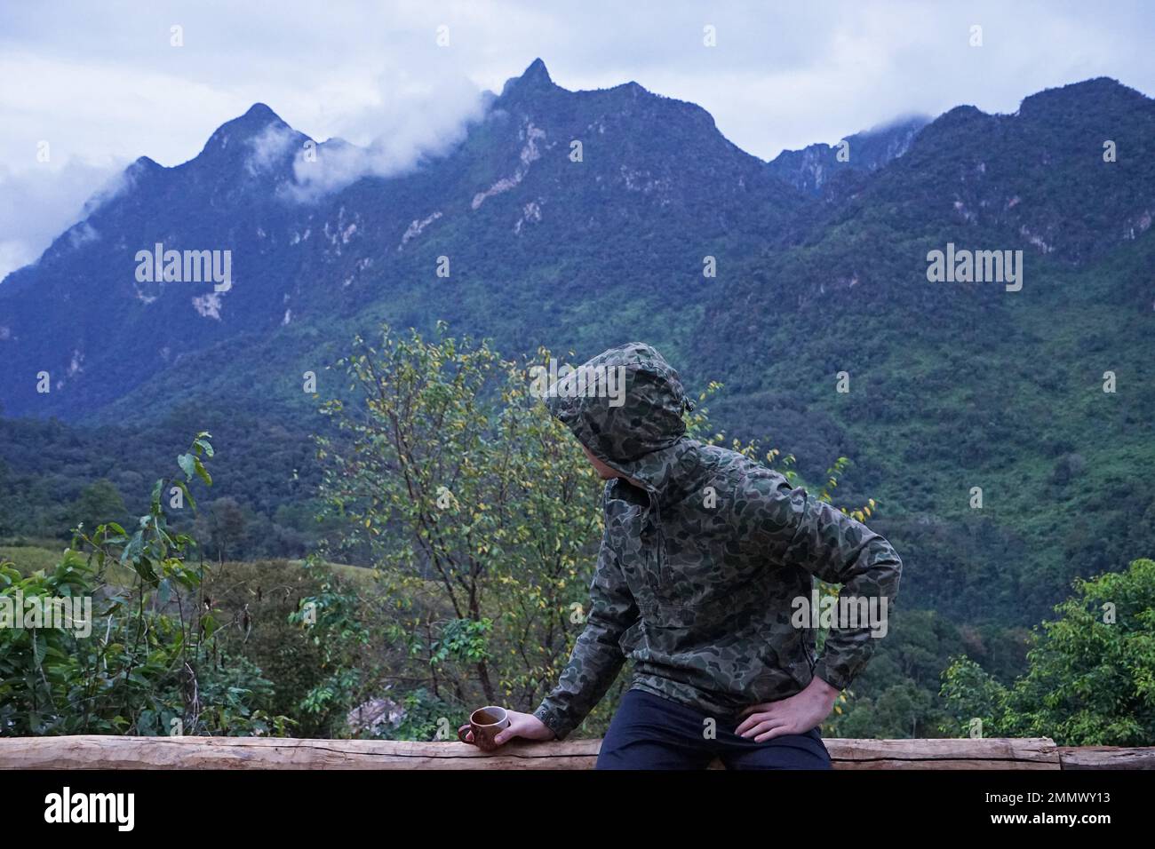 A man on the peak looking at green mountain range with cloudy sky Stock Photo