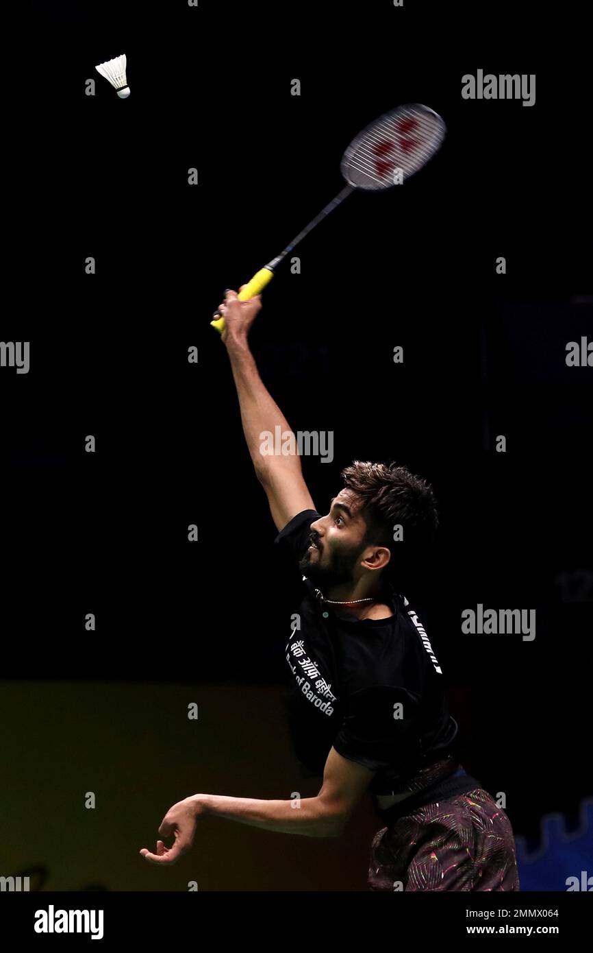 Kidambi Srikanth of India plays a shot while competing against Pablo Abian of Spain during their mens badminton singles match at the BWF World Championships in Nanjing, China, Wednesday, Aug
