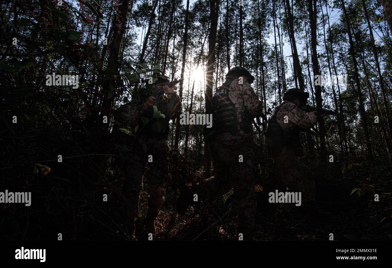 GUIGANG, CHINA - JANUARY 30, 2023 - Chinese armed police conduct a combat training in the mountains and forests, January 30, 2023, in Guigang, Guangxi Stock Photo