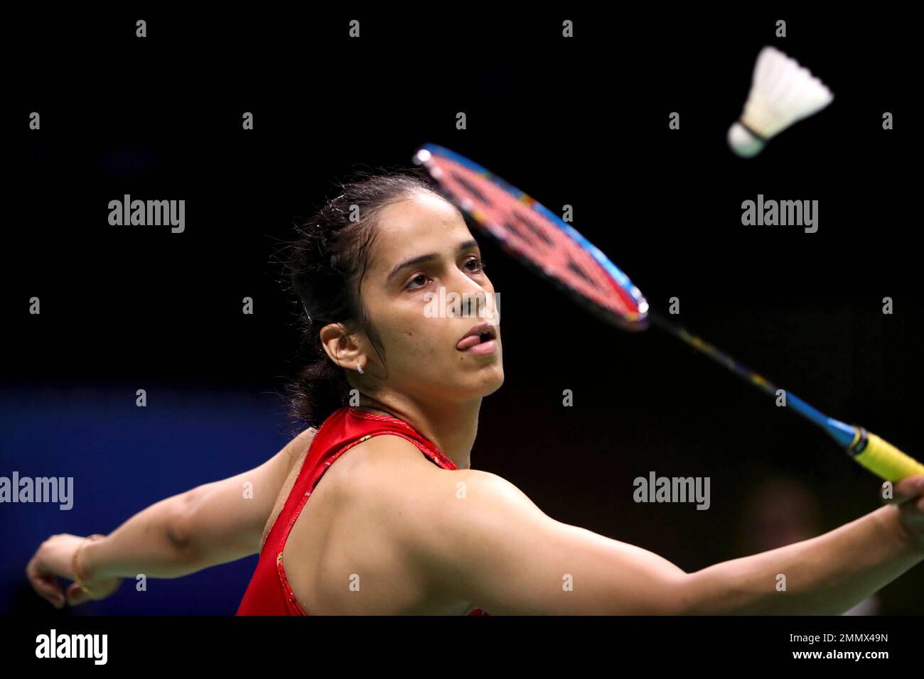 Saina Nehwal of India plays a shot against Aliye Demirbag of Turkey during their womens badminton singles match at the BWF World Championships in Nanjing, China, Tuesday, July 31, 2018