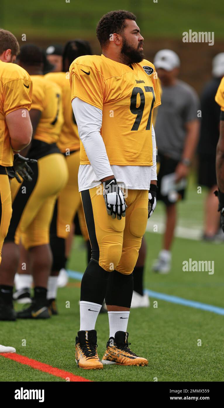 Pittsburgh Steelers defensive tackle Cameron Heyward (97) during warmups of the  Steelers 26-20 preseason win over the Detroit Lions at Heinz Field on  August 21, 2021 in Pittsburgh. Photo by Archie Carpenter/UPI