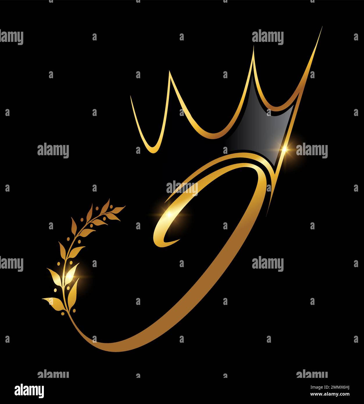 Vector Illustration of Gold Crown and Leaf Monogram Initial letter J in ...