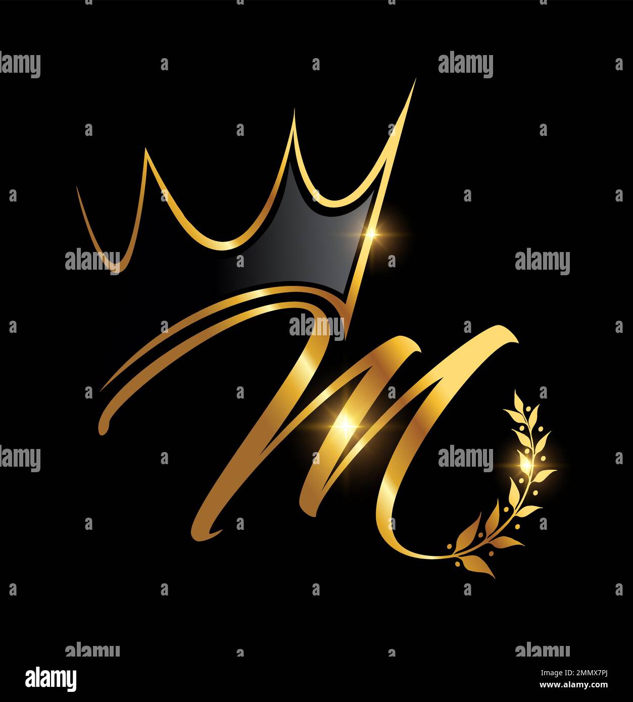 Vector Illustration of Gold Crown and Leaf Monogram Initial letter M in ...