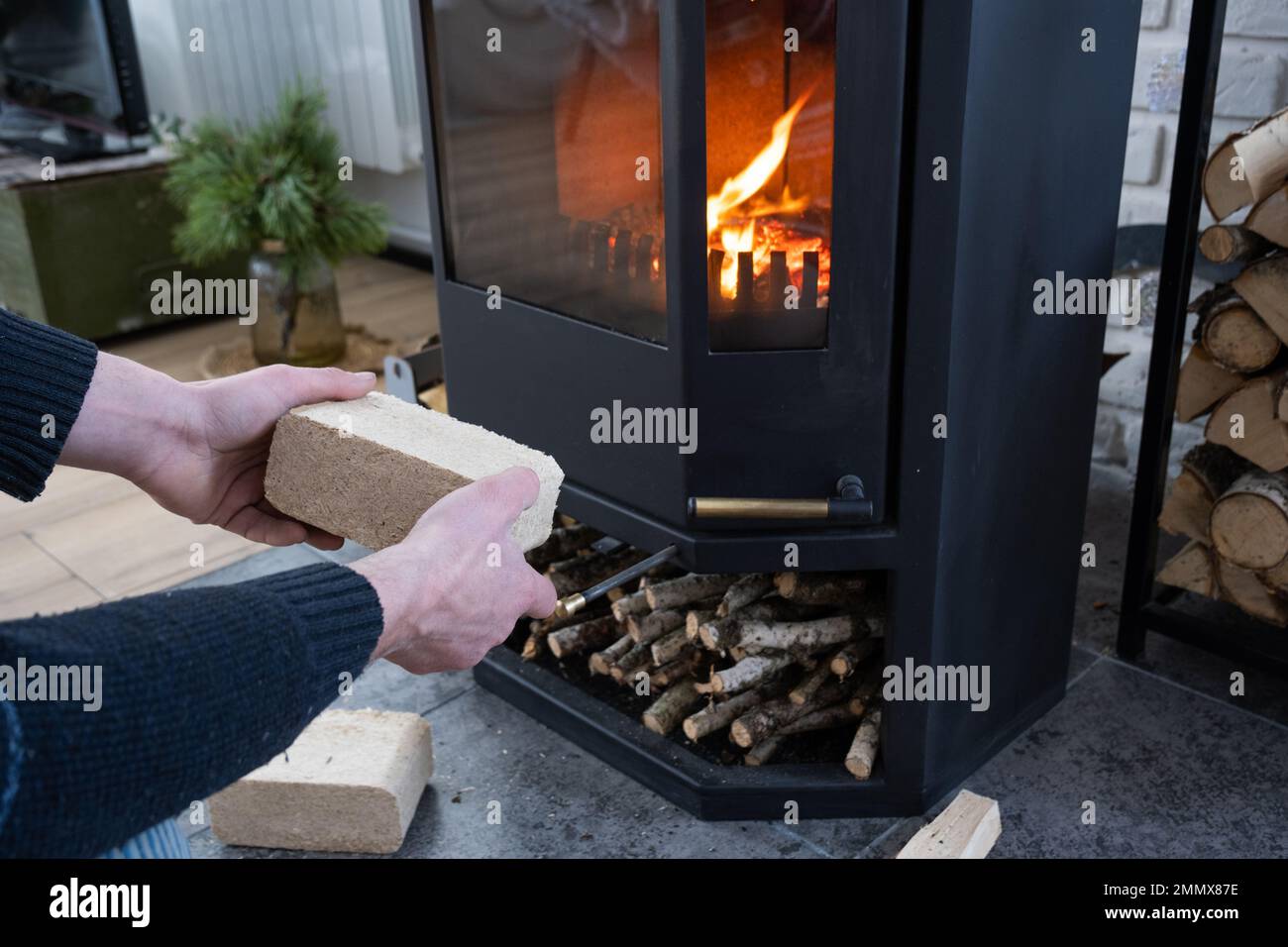 Hands kindle the hearth with economical briquettes. Fuel briquettes made of pressed sawdust for kindling the furnace - economical alternative eco-frie Stock Photo