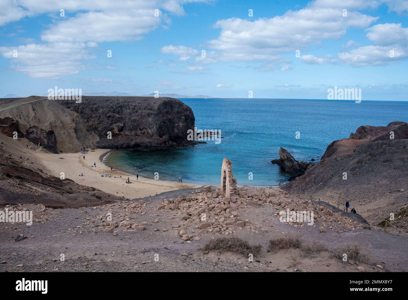 Panoramic view on the Playas de Papagayo, papagayo Beach, Canary Islands, Lanzarote, looking out to Atlantic Ocean. Stock Photo