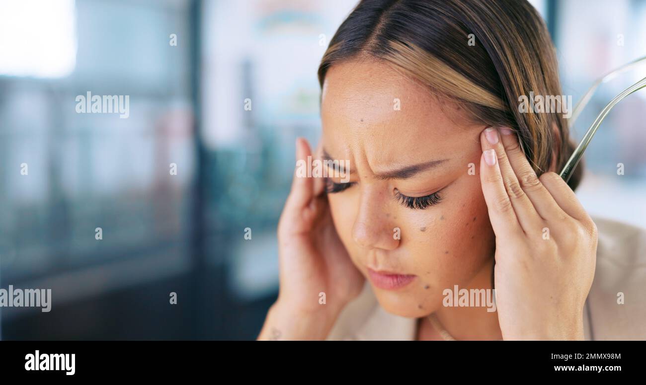 Headache pain, stress anxiety and woman with migraine crisis, medical