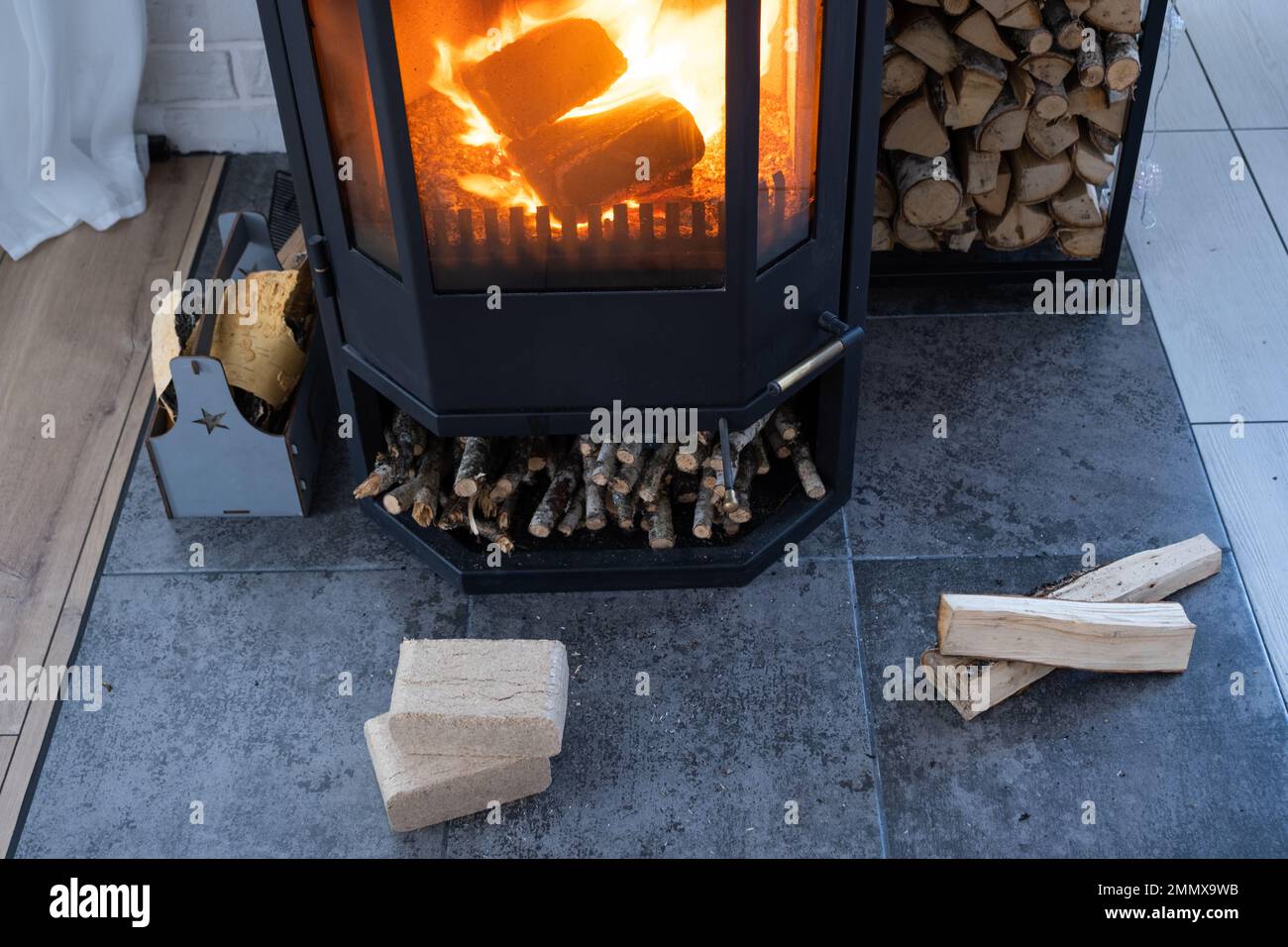 Fuel briquettes made of pressed sawdust for kindling the furnace -  economical alternative eco-friendly fuel for the fireplace in the house.  Firewood i Stock Photo - Alamy