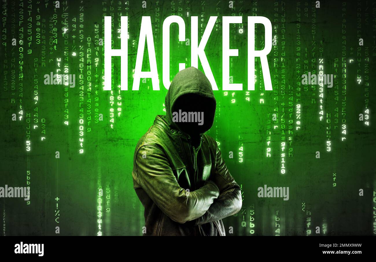 Faceless hacker with inscription concept Stock Photo - Alamy