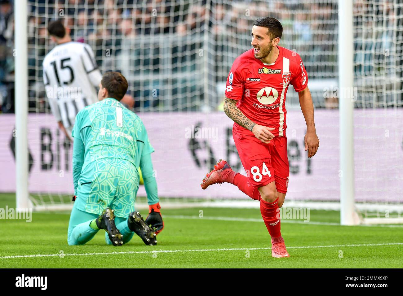 Patrick Ciurria of AC Monza celebrates after past Wojciech Szczesny of Juventus FC and scored the goal of 0-1 during the Serie A football match betwee Stock Photo