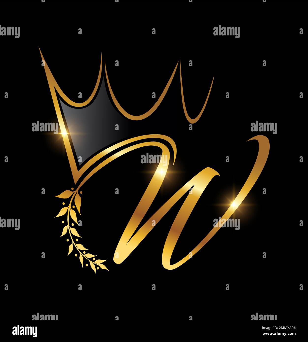 Vector Illustration of Gold Crown and Leaf Monogram Initial letter W in ...