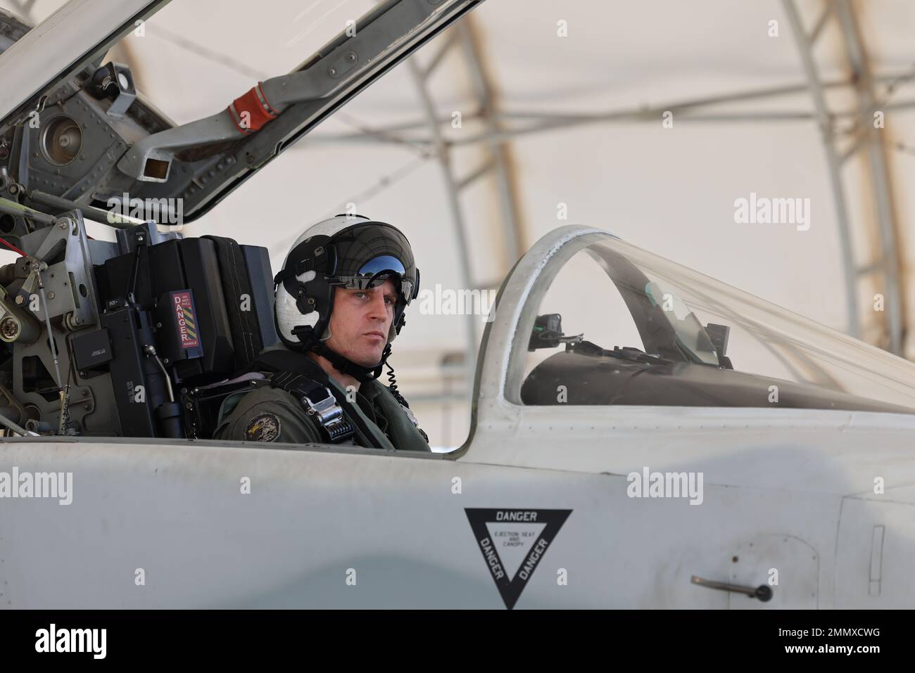U.S. Marine Corps Maj. Benjamin Vanwingerden, pilot, Marine Fighter Training Squadron 401 (VMFT-401), Marine Aircraft Group 41 (MAG-41), 4th Marine Aircraft Wing (4th MAW), conducts a pre-flight check of his F-5N Tiger II before takeoff at Marine Corps Air Station Yuma, Arizona, Sep. 23, 2022. VMFT-401 is a Marine Corps Reserve fighter adversary squadron that represents enemies in simulated air battles against Marine aircrafts. Stock Photo