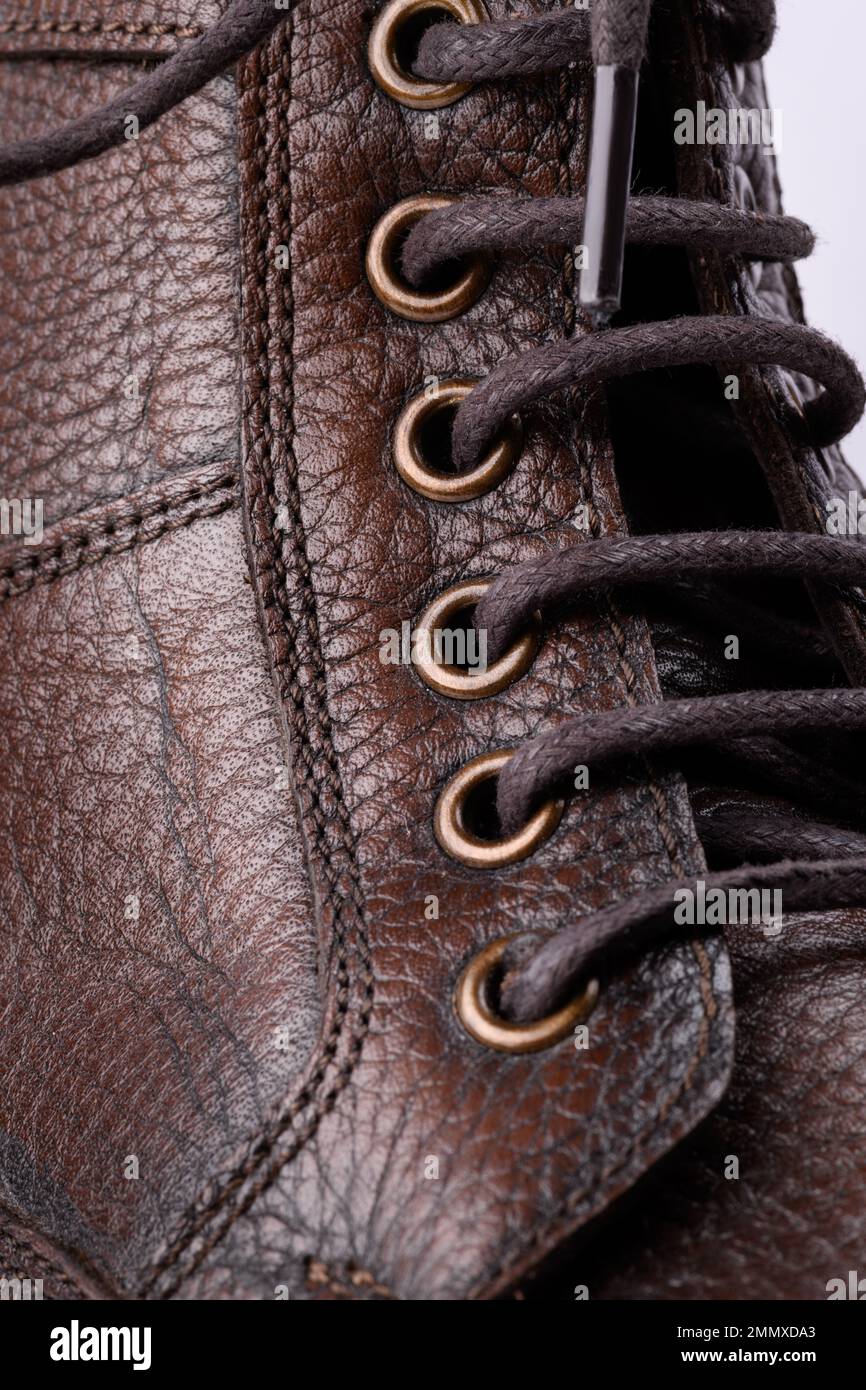 Close up shot of shoelace on a leather boot. Stock Photo