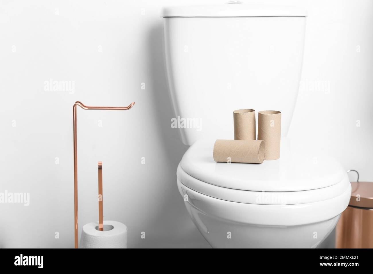 Empty paper rolls on toilet seat in bathroom Stock Photo Alamy