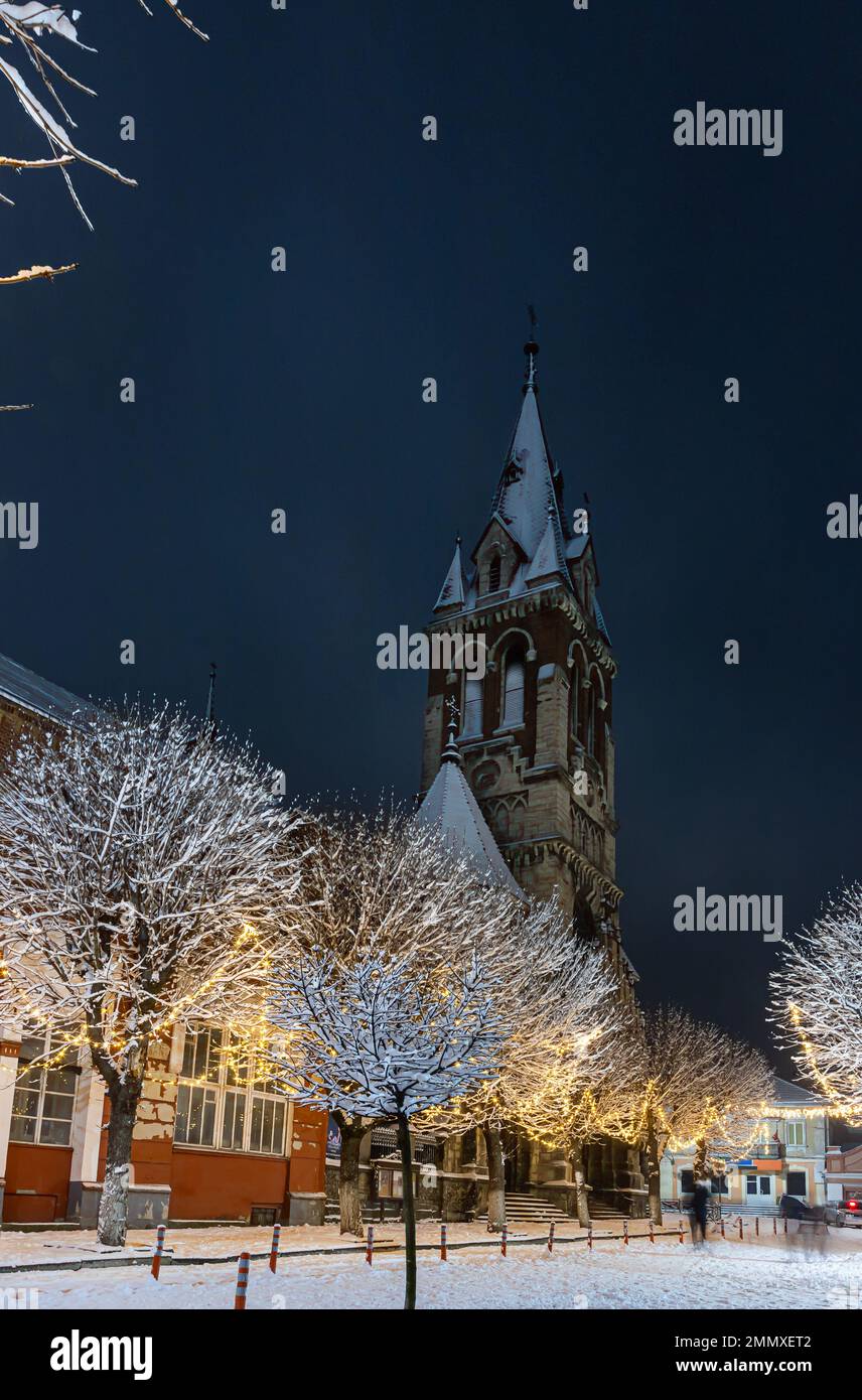 Church of St. Stanislav in Chortkiv, Ukraine. winter night view. Stock Photo