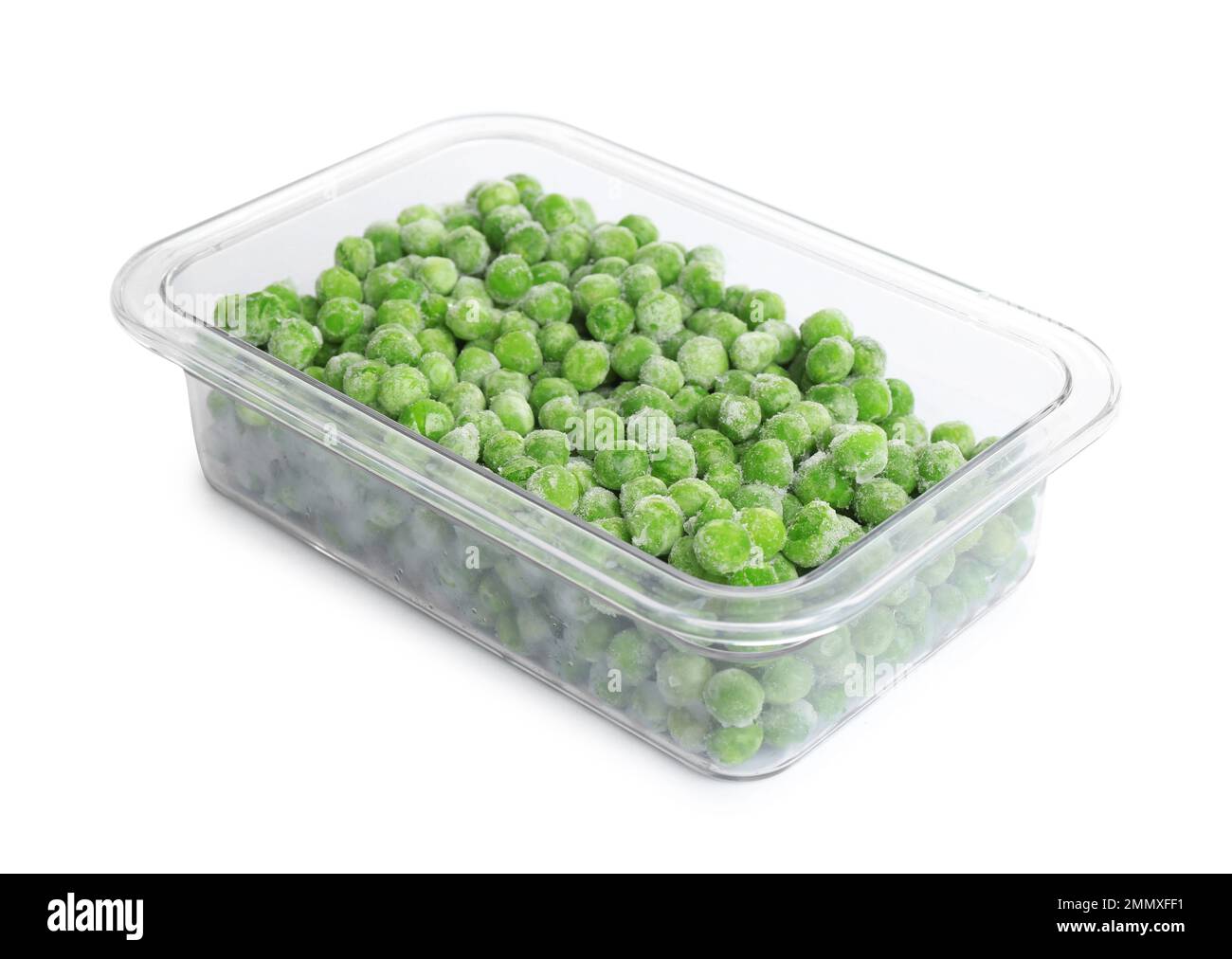 Frozen peas in plastic container isolated on white. Vegetable preservation Stock Photo