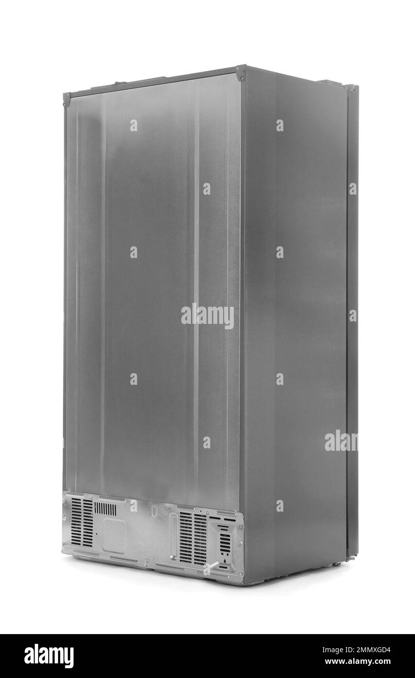 New modern refrigerator isolated on white, back view Stock Photo Alamy