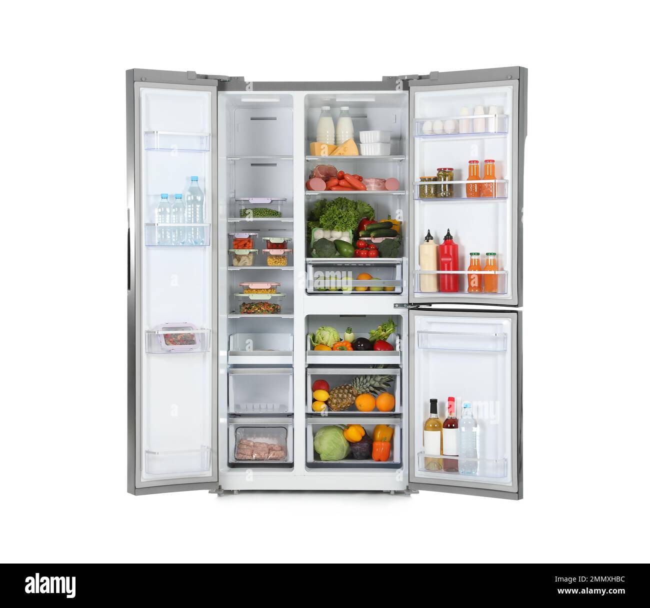Open refrigerator full of products isolated on white Stock Photo Alamy