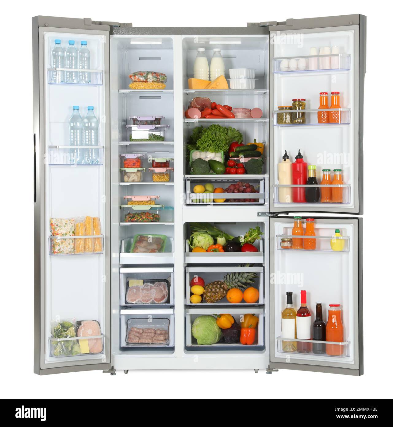 Open refrigerator full of products isolated on white Stock Photo Alamy