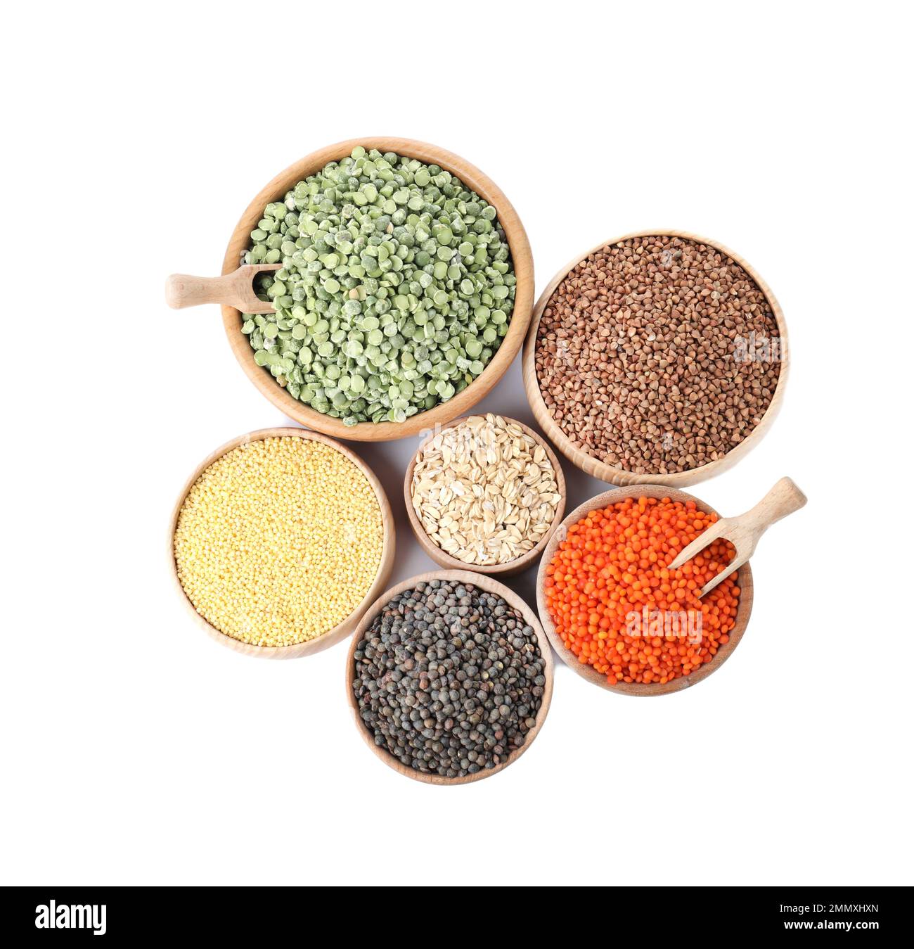 Different types of legumes and cereals on white background, top view