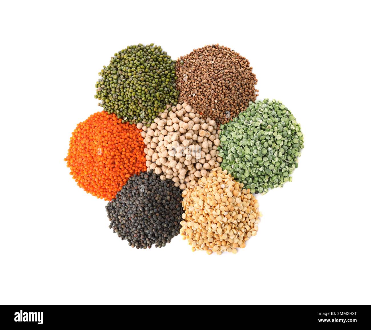 Different types of legumes and cereals on white background, top view