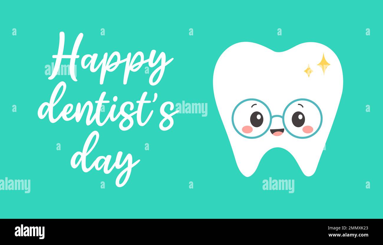 Dentist day poster. Shiny cute cartoon tooth smiling. Professional world and national holiday of stomatologist. Stock Vector