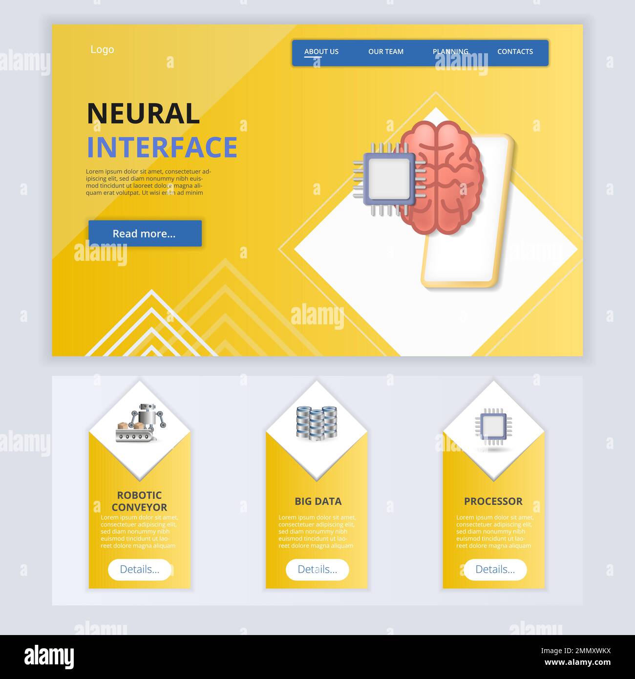 Neural interface flat landing page website template. Robotic conveyor, big data, processor. Web banner with header, content and footer. Vector Stock Vector