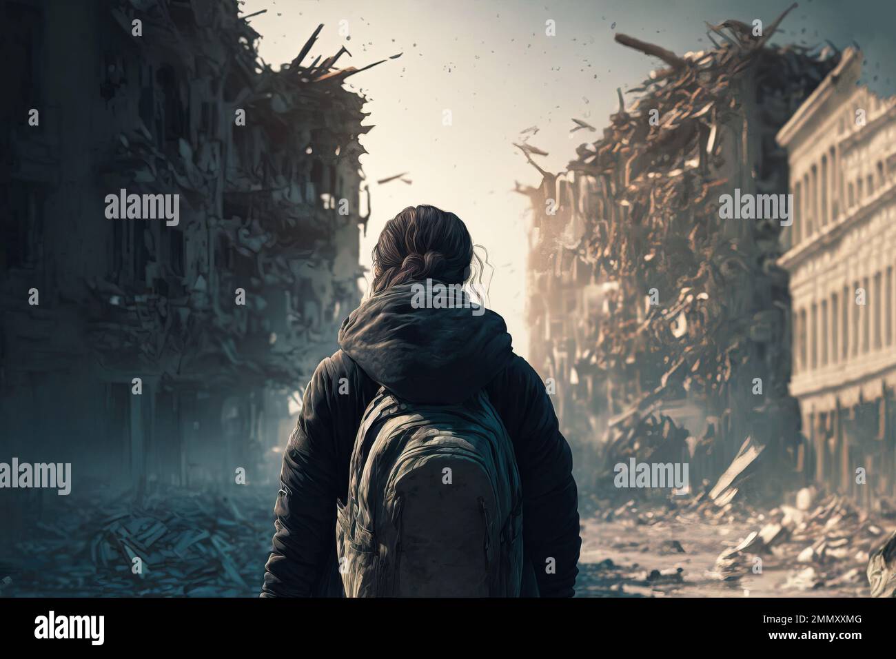 Woman survivor returning to destroyed ruined home town after war. Generative AI. Stock Photo