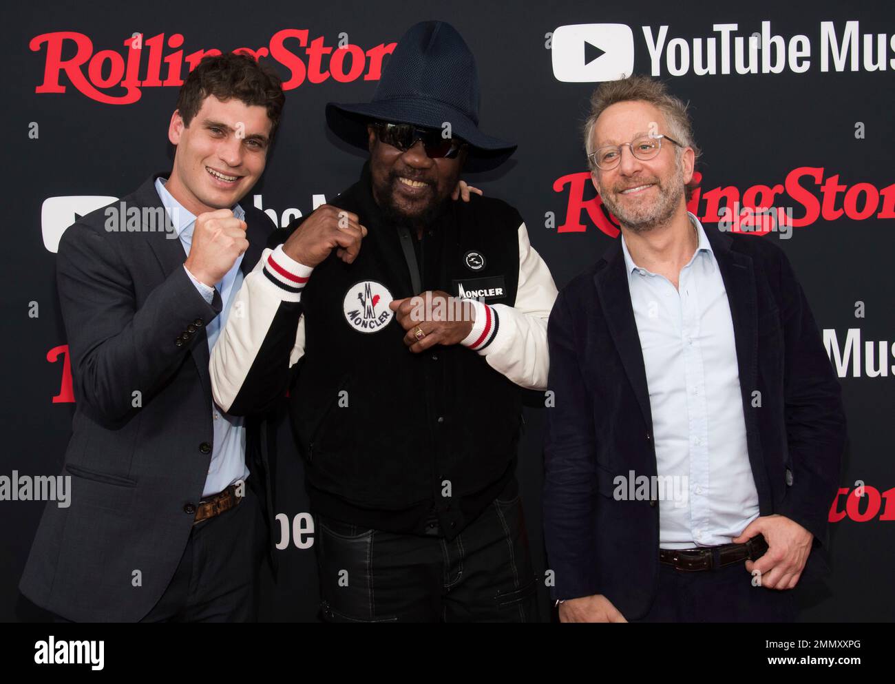Gus Wenner, left, Toots Hibbert and Jason Fine attend a Rolling Stone magazine relaunch event presented by YouTube Music on Thursday, July 26, 2018, in New York. (Photo by Charles Sykes/Invision/AP) Stock Photo