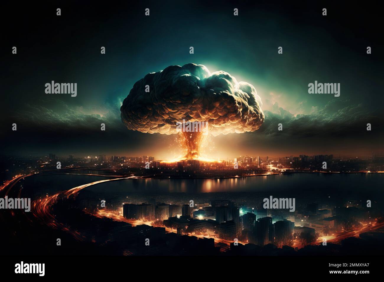 Mushroom cloud in night sky over city after atomic bomb detonation during nuclear war. Generative AI. Stock Photo