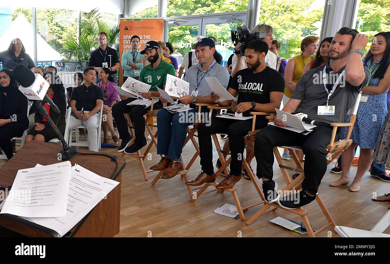 IMAGE DISTRIBUTED FOR FEDEX - FedEx Junior Business Challenge Panel judges  Adam Hadwin (PGA TOUR player and Canada native), Sam Bettinardi (Bettinardi  Golf VP Sales and Marketing), Marc Lafleur (truLOCAL Inc. CEO