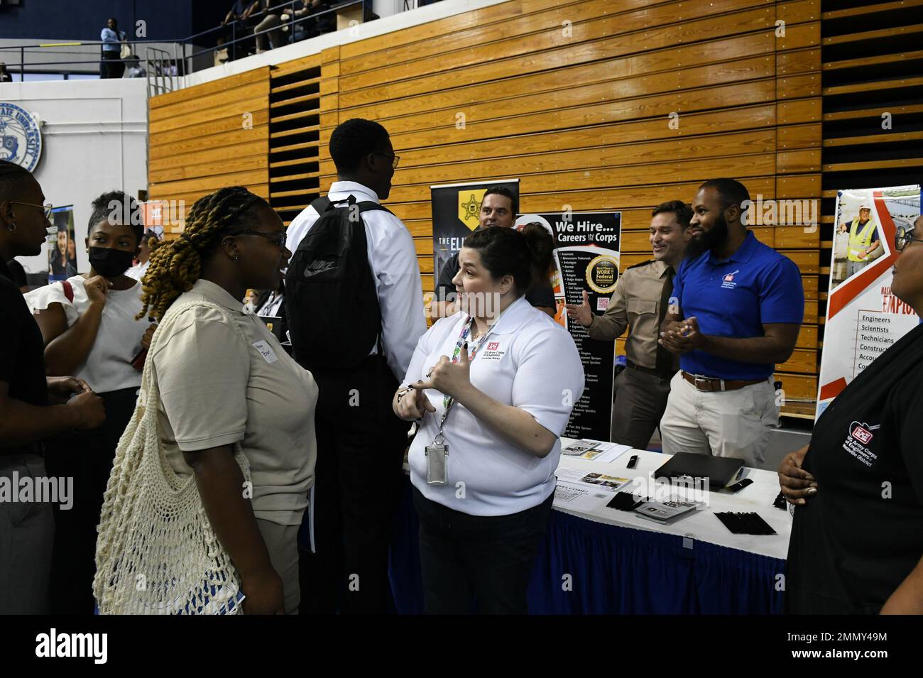 Supervisory Human Resources Specialist Rebecca Huberman shares a list of potential jobs with a job seeker who stopped by the Corps of Engineers recruiting table at the TSU career fair in Nashville, Tennessee. Stock Photo