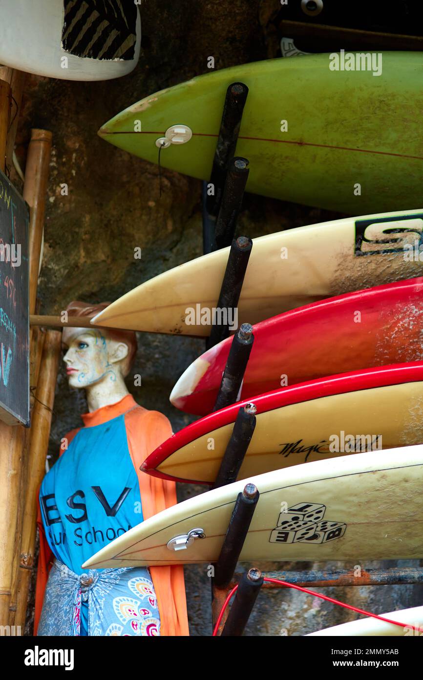 A shelf with surfboards in the rental store. Close-up, surfboard ...