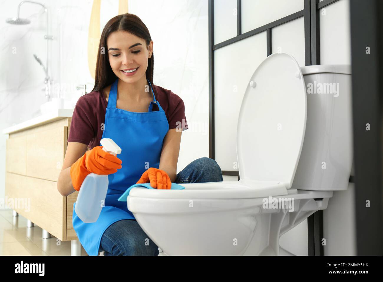 Young woman cleaning toilet bowl in bathroom Stock Photo Alamy