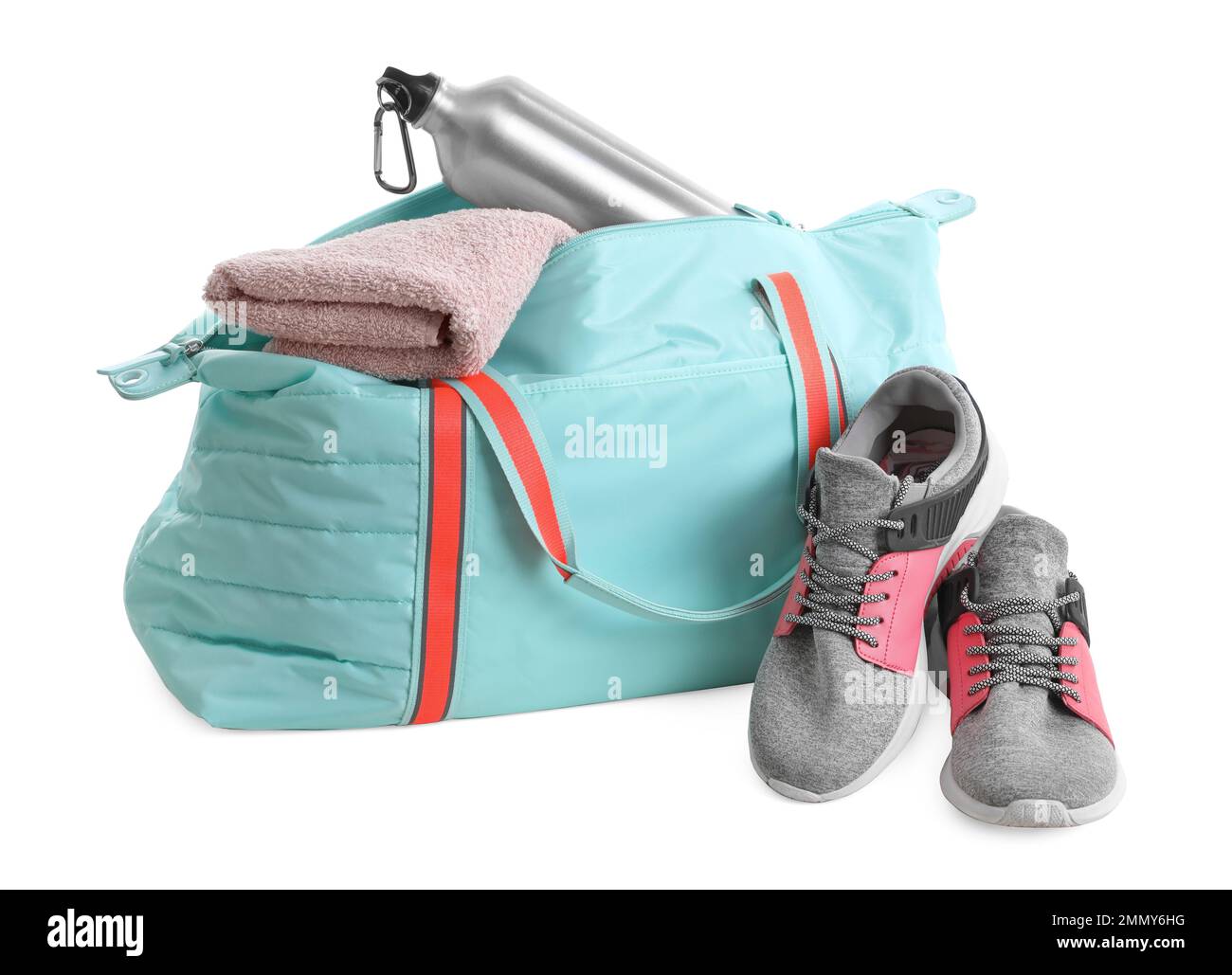 Sports bag with gym equipment on white background Stock Photo - Alamy