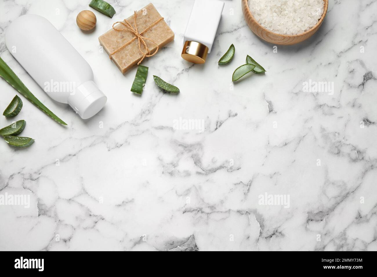 Flat lay composition with aloe vera and cosmetic products on white ...