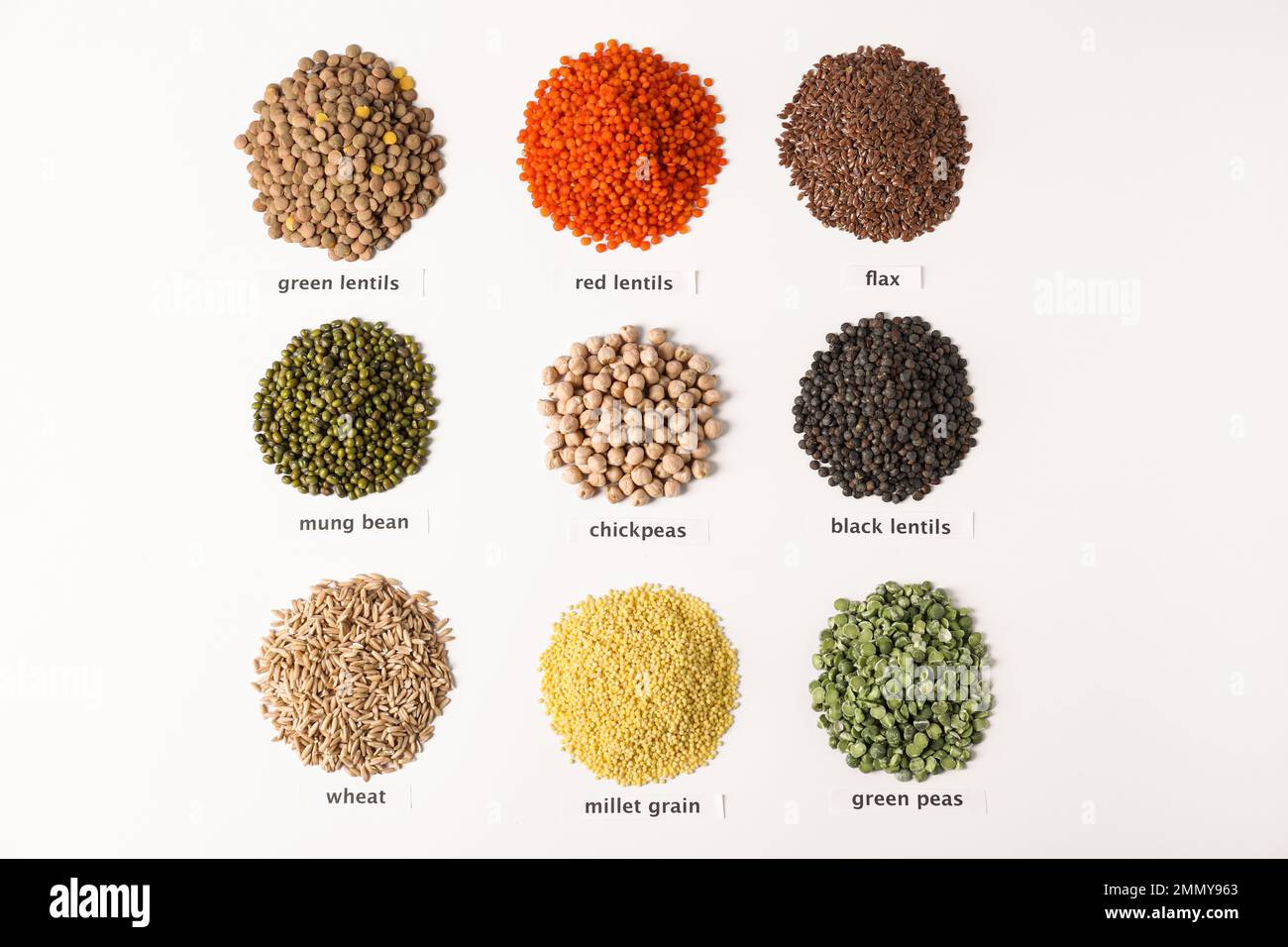 Different types of legumes and cereals on white background, top view. Organic grains Stock Photo